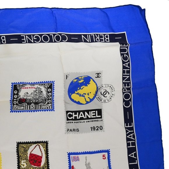 CHANEL CC Logo Stamp Pattern Scarf Handkerchief 100% Silk Blue Accessory 61RJ341 - Picture 9 of 11